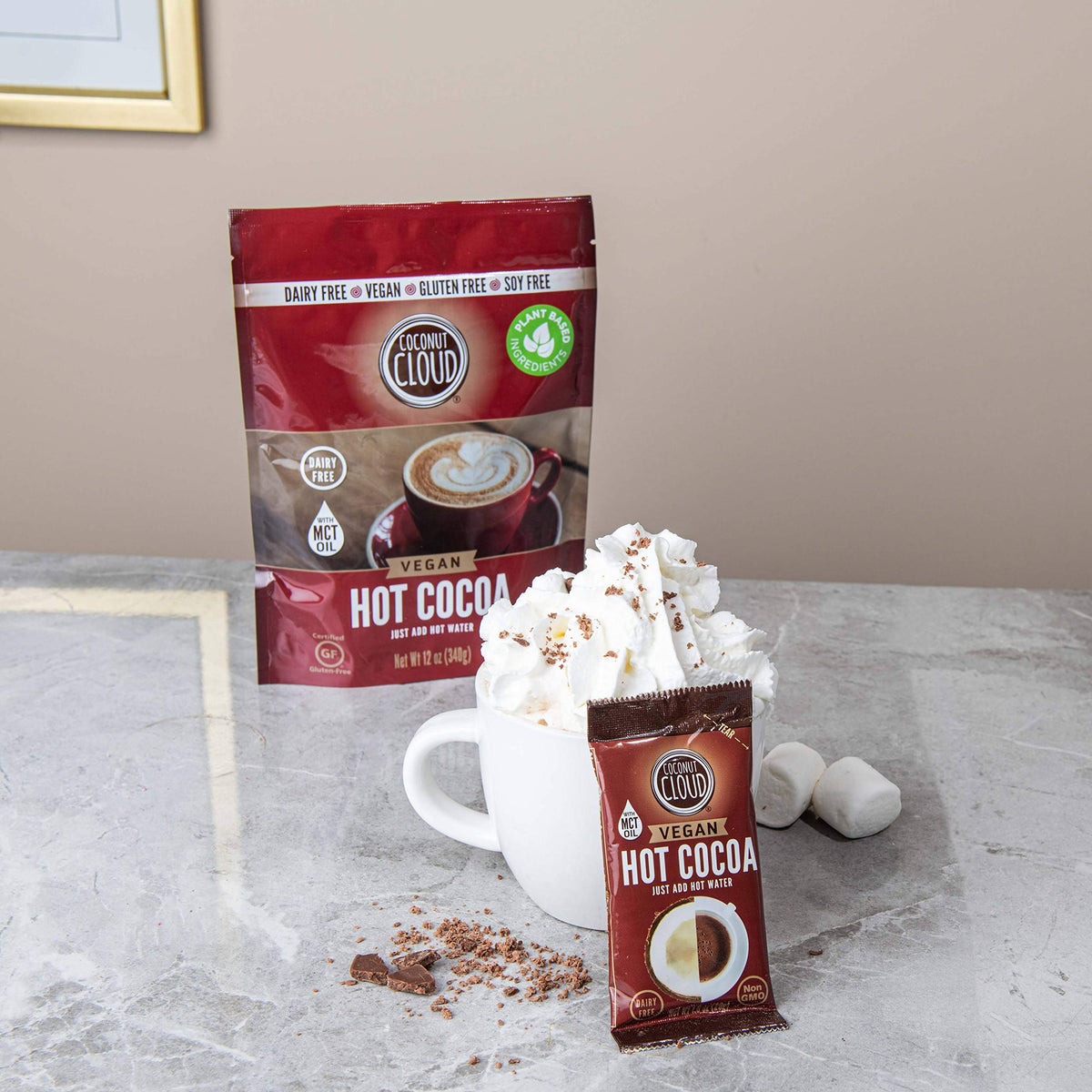 Coconut Cloud smooth creamy cocoa swirl in a mug.