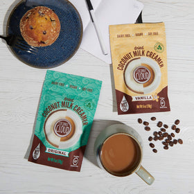 Coconut Cloud creamer enhances coffee in travel or desk-ready setups.