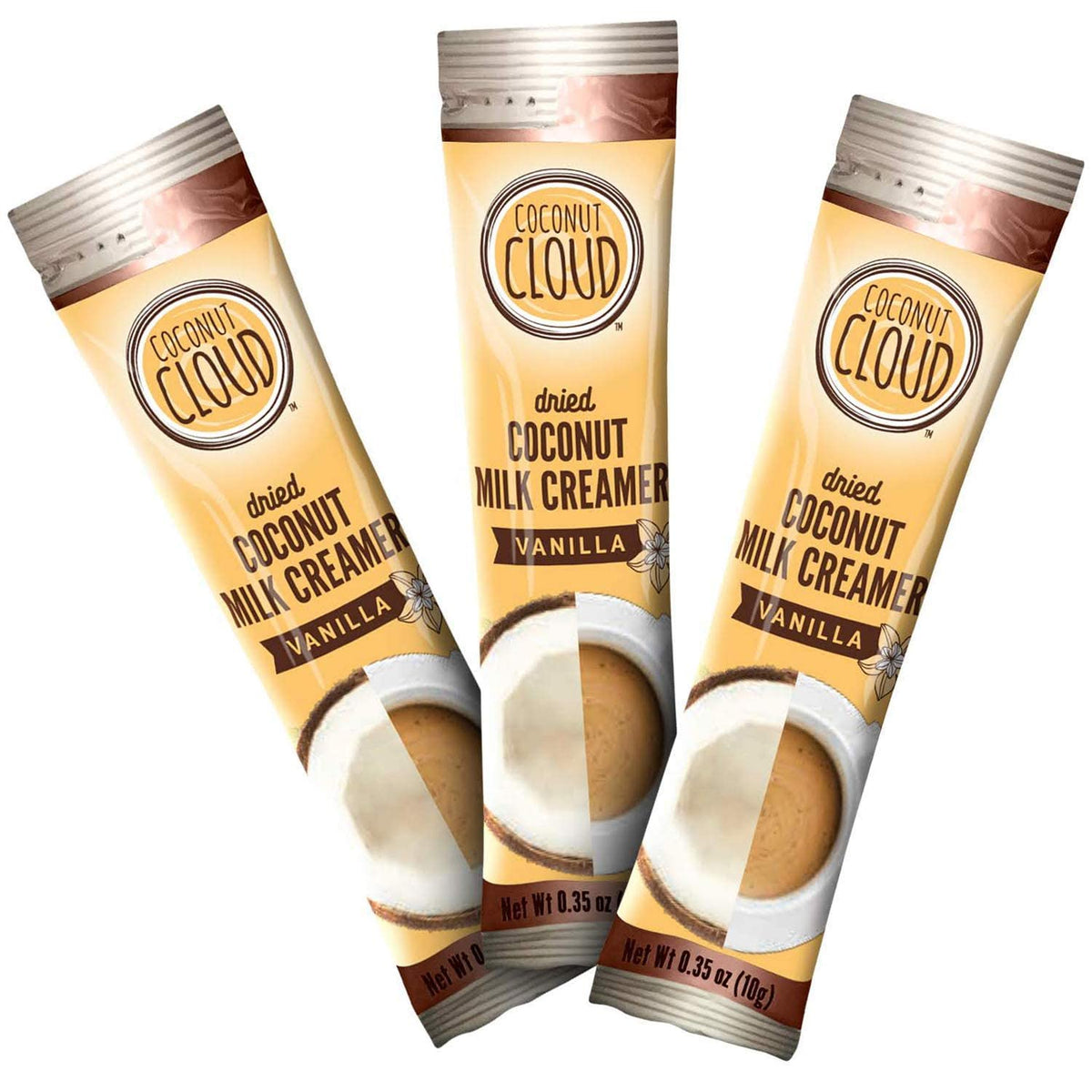 Coconut Cloud vanilla creamer stick in an open pack for on-the-go coffee