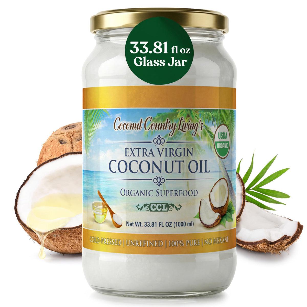 Coconut Country Living cold-pressed oil in solid form melts for easy topical use.