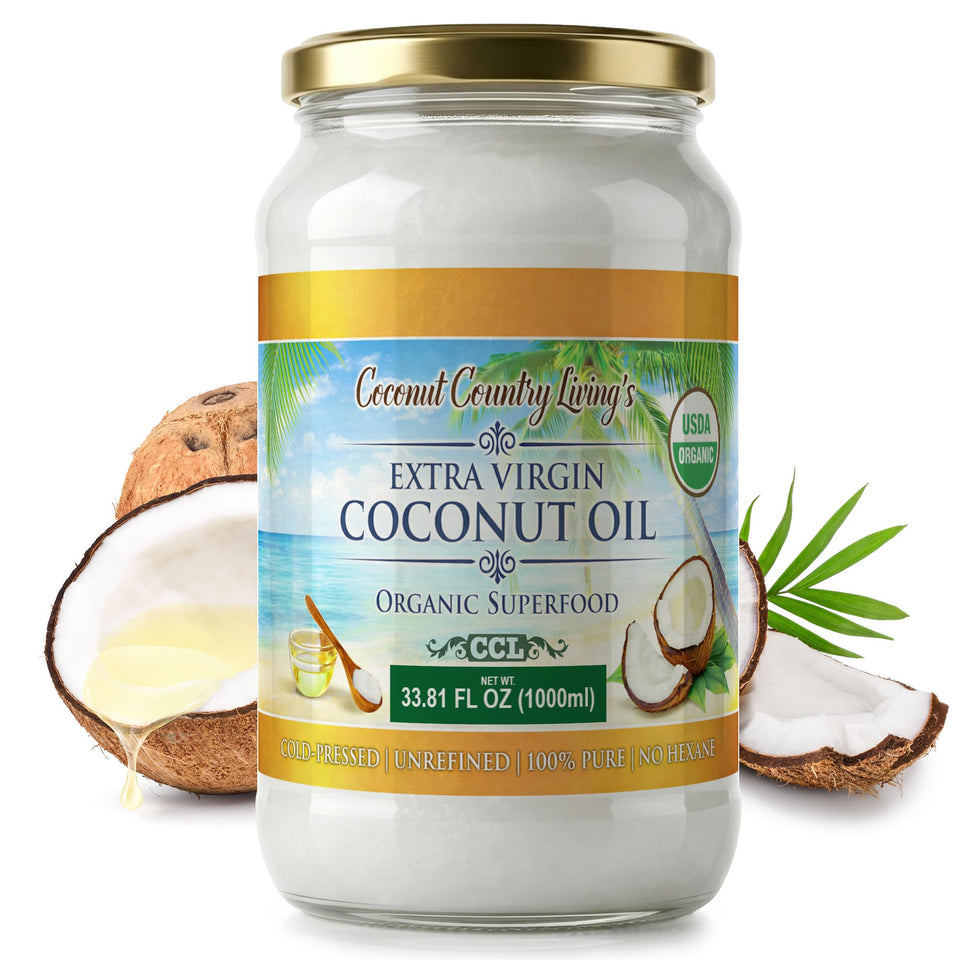 Coconut Country Living's extra virgin coconut oil in a glass jar, ideal for skin care and cooking.