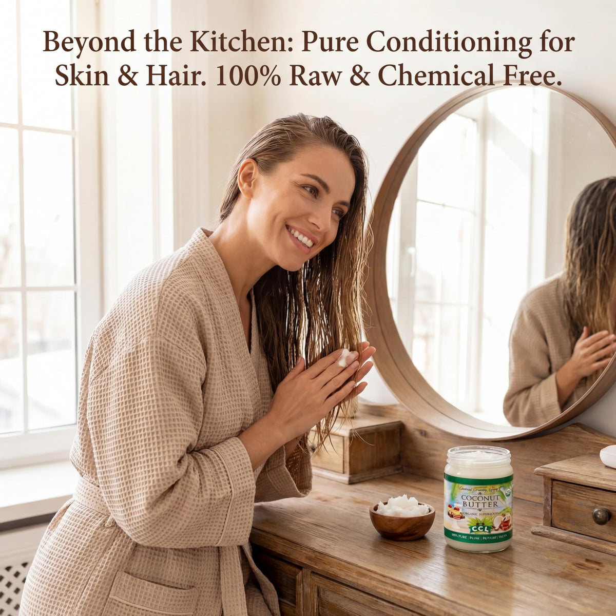 Coconut Country Living glass jar packaging supports sustainable storage.