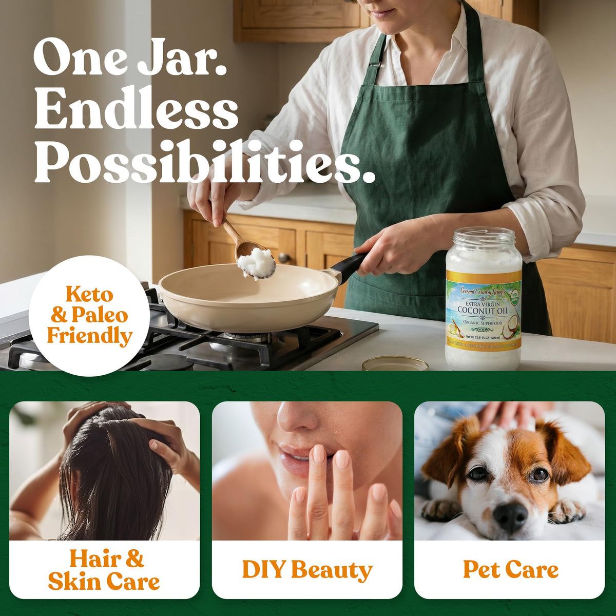 Coconut Country Living coconut oil on skin applied as moisturizer for deep hydration.