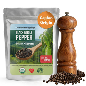 Coconut Country Living organic black peppercorns packaging for fresh grinding