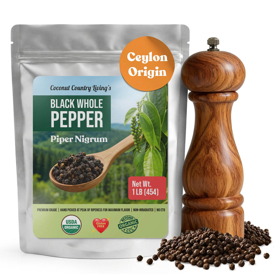 Coconut Country Living organic black peppercorns packaging for fresh grinding