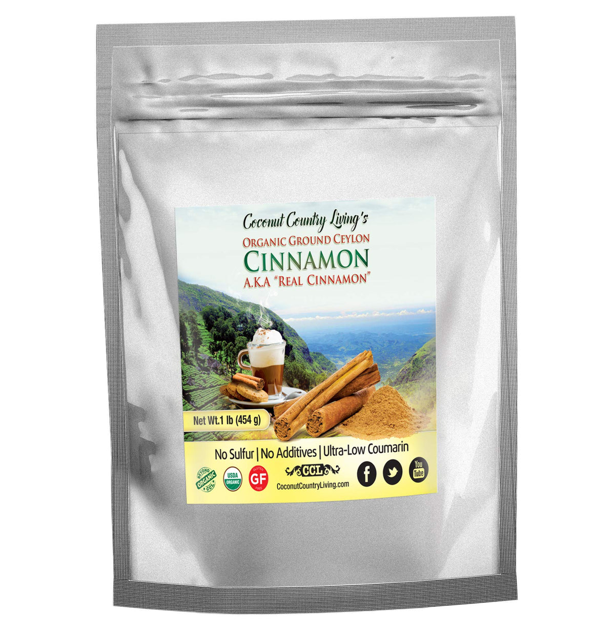 Coconut Country Living's Organic Ceylon Cinnamon powder in a resealable pouch for freshness.