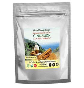 Coconut Country Living's Organic Ceylon Cinnamon powder in a resealable pouch for freshness.