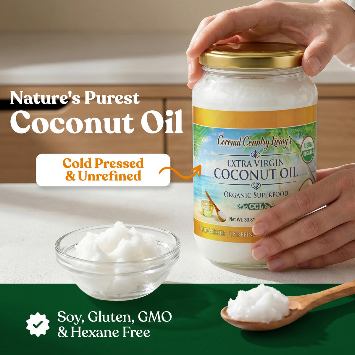 Coconut Country Living unrefined coconut oil with a simple ingredient list for natural skincare.