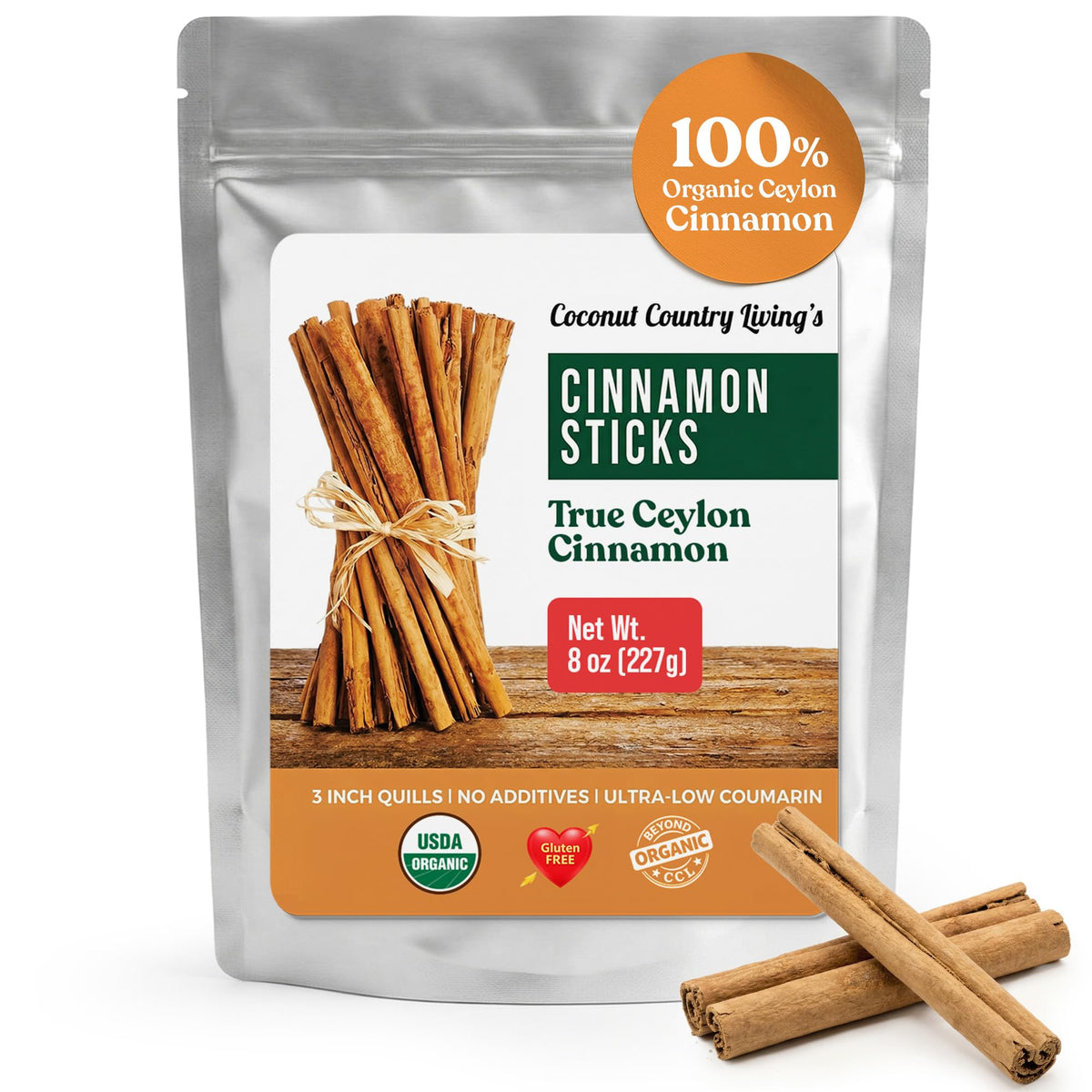 Coconut Country Living's Organic Ceylon Cinnamon Sticks in 8 oz display for tea, baking, and spice.