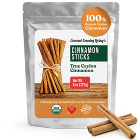 Coconut Country Living's Organic Ceylon Cinnamon Sticks in 8 oz display for tea, baking, and spice.