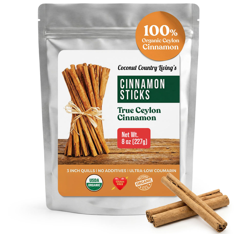 Coconut Country Living's Organic Ceylon Cinnamon Sticks in 8 oz display for tea, baking, and spice.