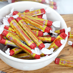 Coconut Long Boys candy on a platter for tropical party use and gifting