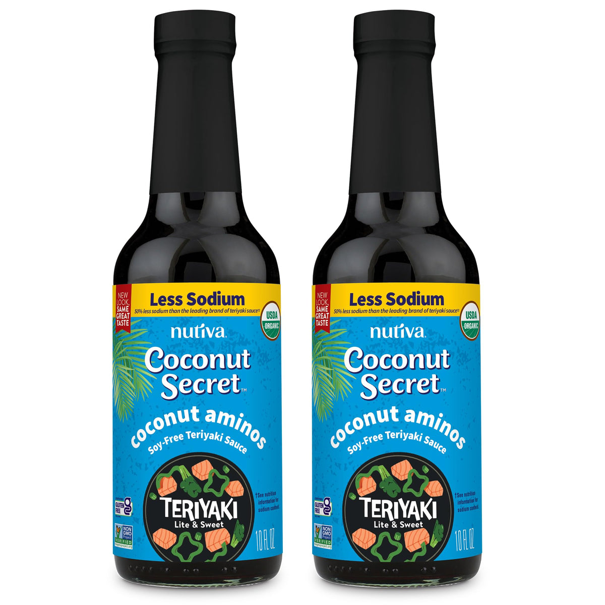 Coconut Secret coconut aminos teriyaki sauce bottle being poured for marinades and stir-fries