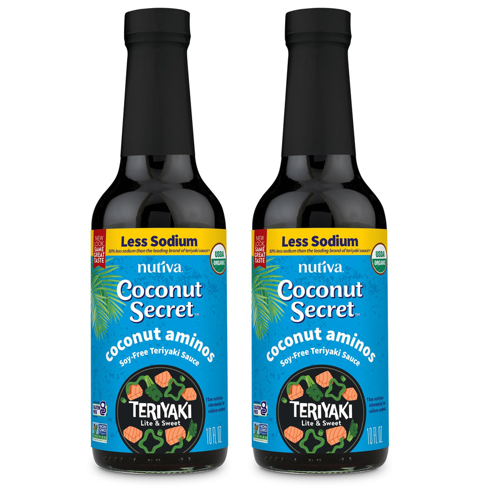Coconut Secret coconut aminos teriyaki sauce bottle being poured for marinades and stir-fries