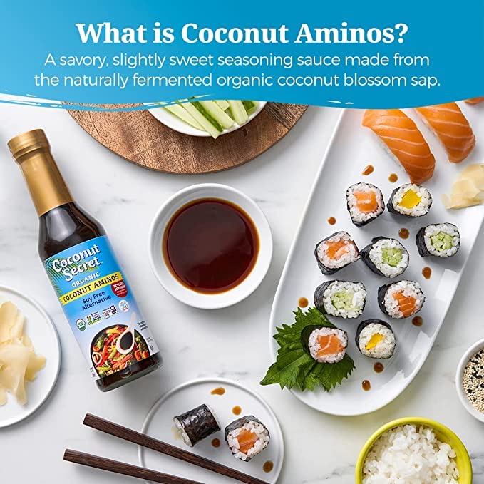 Coconut Secret Coconut Aminos presented in a gluten-free, organic kitchen setting