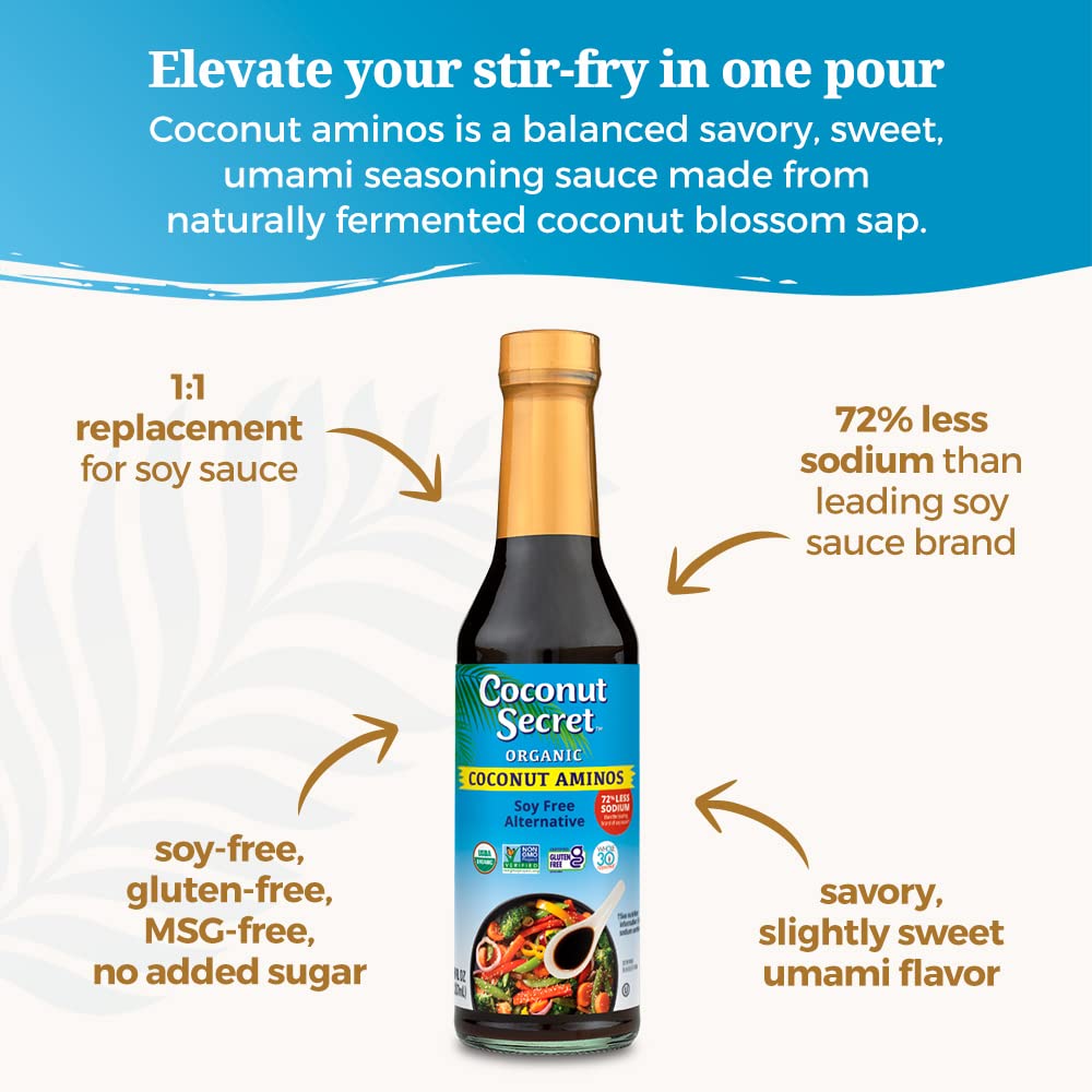Coconut Secret Garlic Coconut Aminos bottle, ideal for stir-fries and marinades.