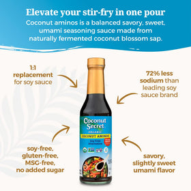 Coconut Secret Garlic Coconut Aminos bottle, ideal for stir-fries and marinades.