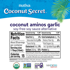 Coconut Secret Organic Coconut Aminos label emphasizes sustainable farming and organic certification.