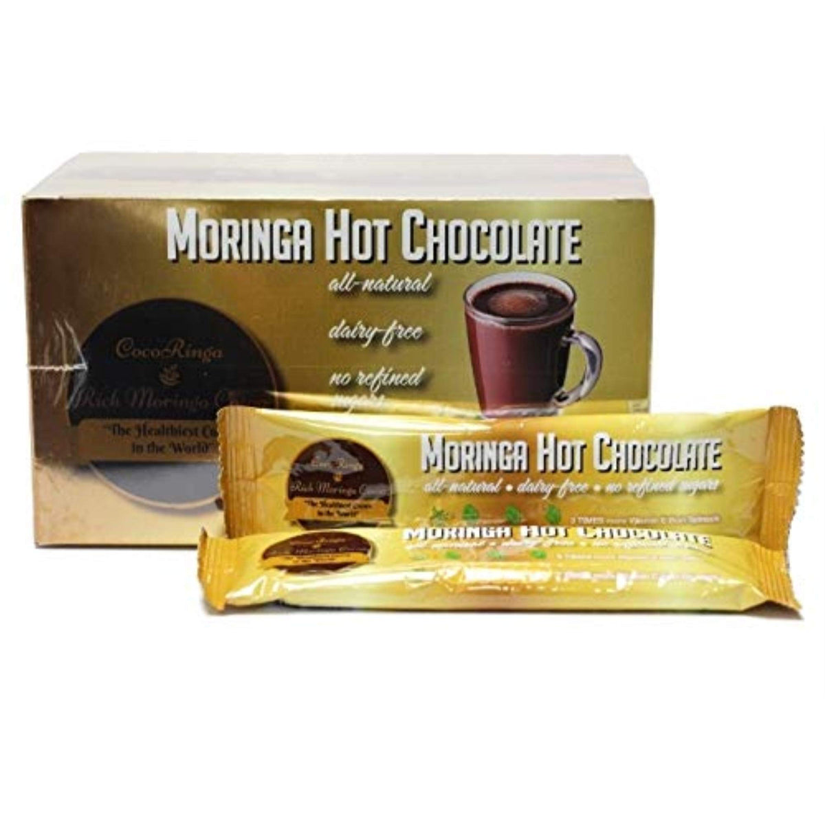 CocoRinga Moringa Hot Chocolate box highlights nutrient-packed formula for healthy indulgence.