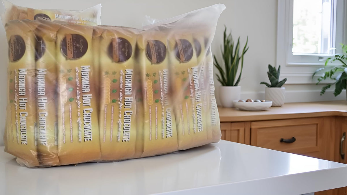 CocoRinga Moringa Hot Chocolate bulk bag with 50 packets for quick prep.