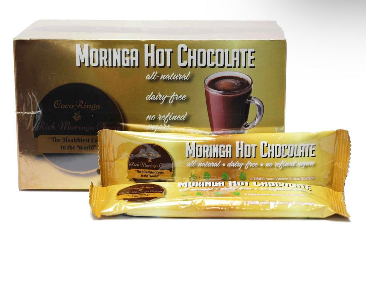 CocoRinga Moringa Hot Chocolate family-table scene suggests a healthy treat