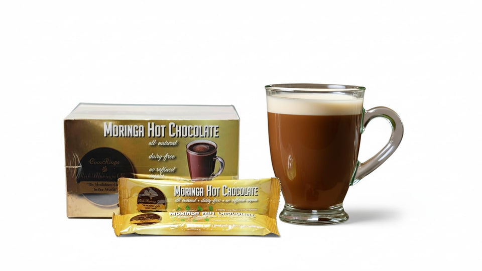 CocoRinga Moringa Hot Chocolate packaging on display highlighting vegan, keto, sugarfree goodness