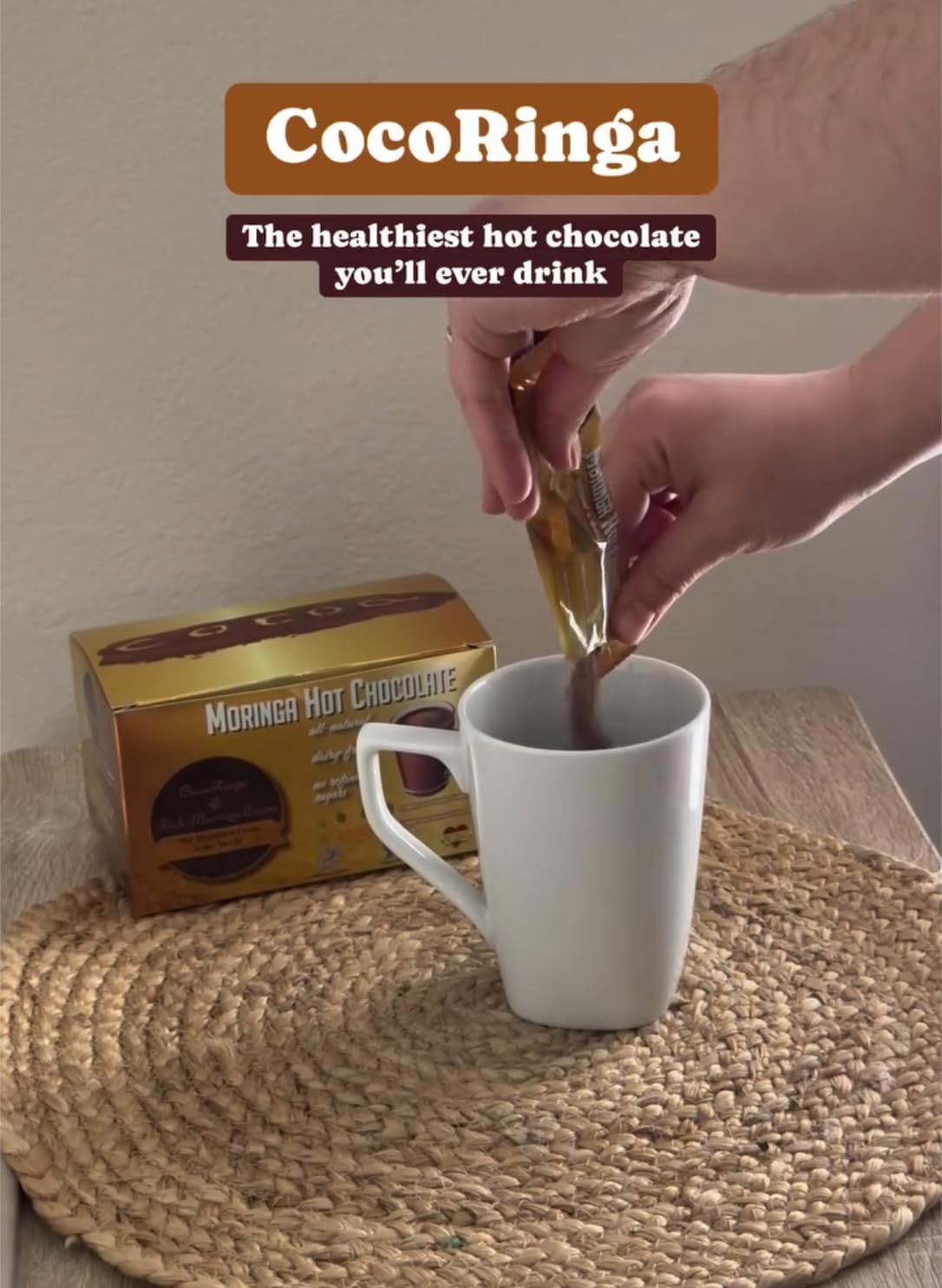 CocoRinga Moringa Hot Chocolate prepared drink in a mug for coziness