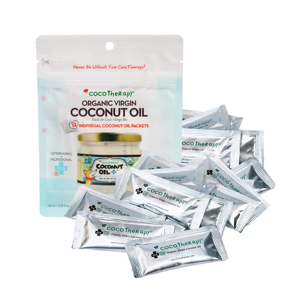 CocoTherapy organic coconut oil packets collection for pets, a convenient travel companion.