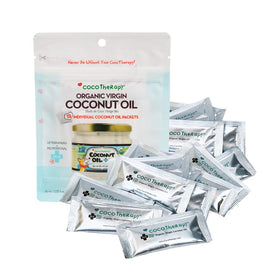 CocoTherapy organic coconut oil packets collection for pets, a convenient travel companion.