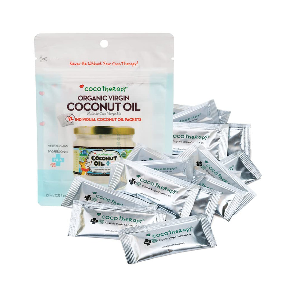 CocoTherapy organic coconut oil packets collection for pets, a convenient travel companion.