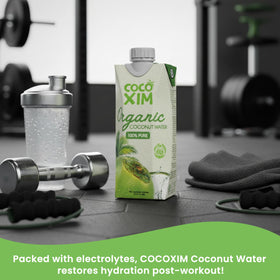 Cocoxim coconut water in a gym bag during travel.