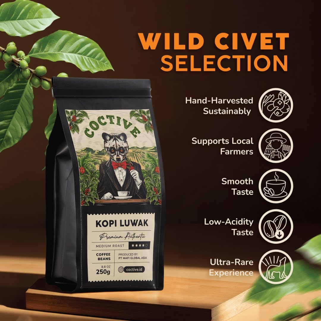 Coctive Kopi Luwak beans close-up—silky texture hints at a low-acid, smooth cup.