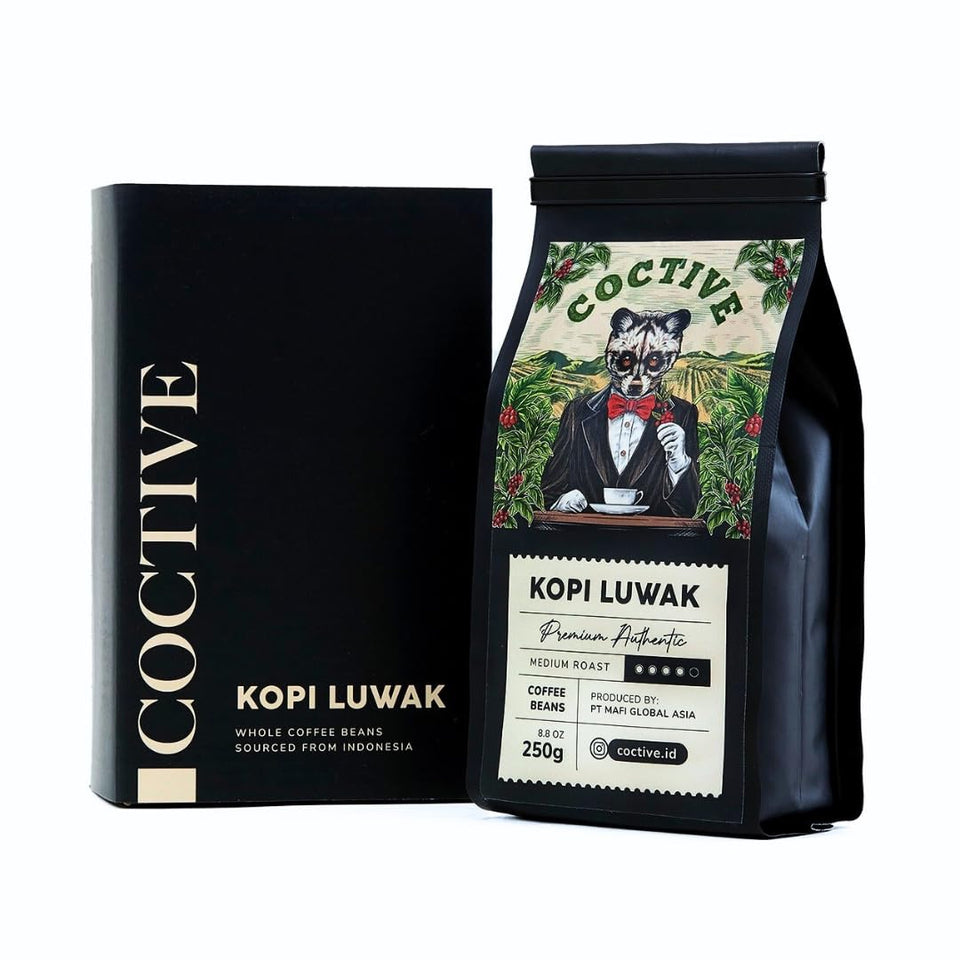 Coctive Kopi Luwak beans pack-shot—premium, ethically sourced coffee for discerning mornings.