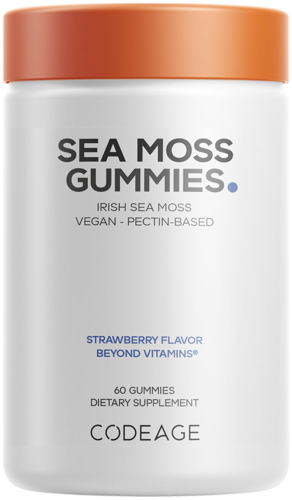 Codeage Irish Sea Moss Gummies bottle front shows strawberry flavor for daily vegan support