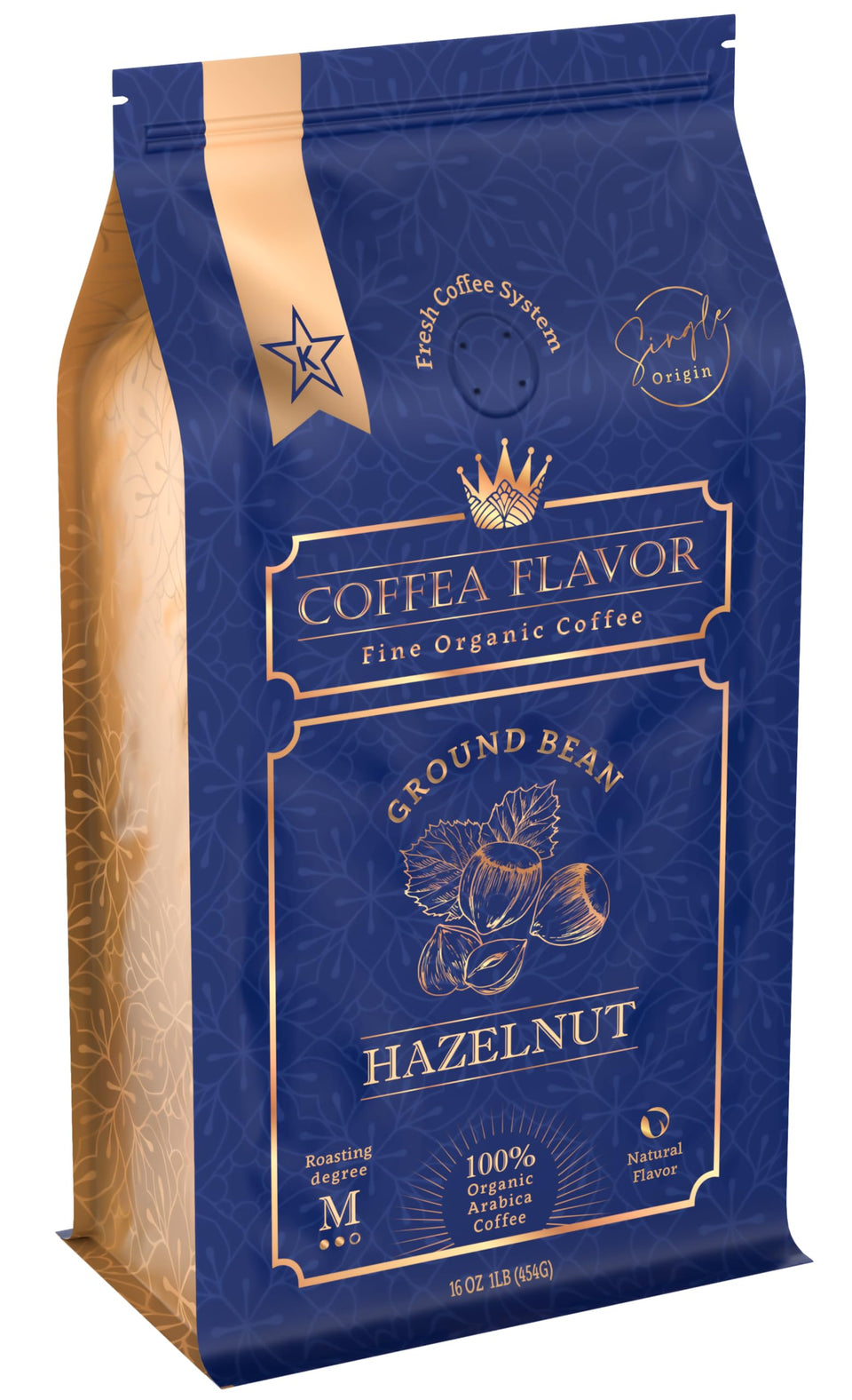 Coffea Flavor Hazelnut ground coffee bag releasing warm aroma