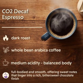 Coffee Bean Direct CO2 Espresso whole beans closeup highlighting dark roast