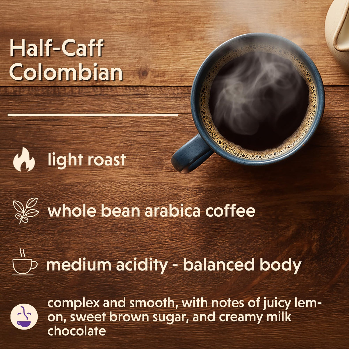 Coffee Bean Direct half-caff Colombian bag back highlights caffeine balance and flavor notes.