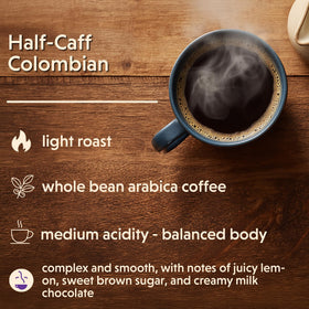Coffee Bean Direct half-caff Colombian bag back highlights caffeine balance and flavor notes.
