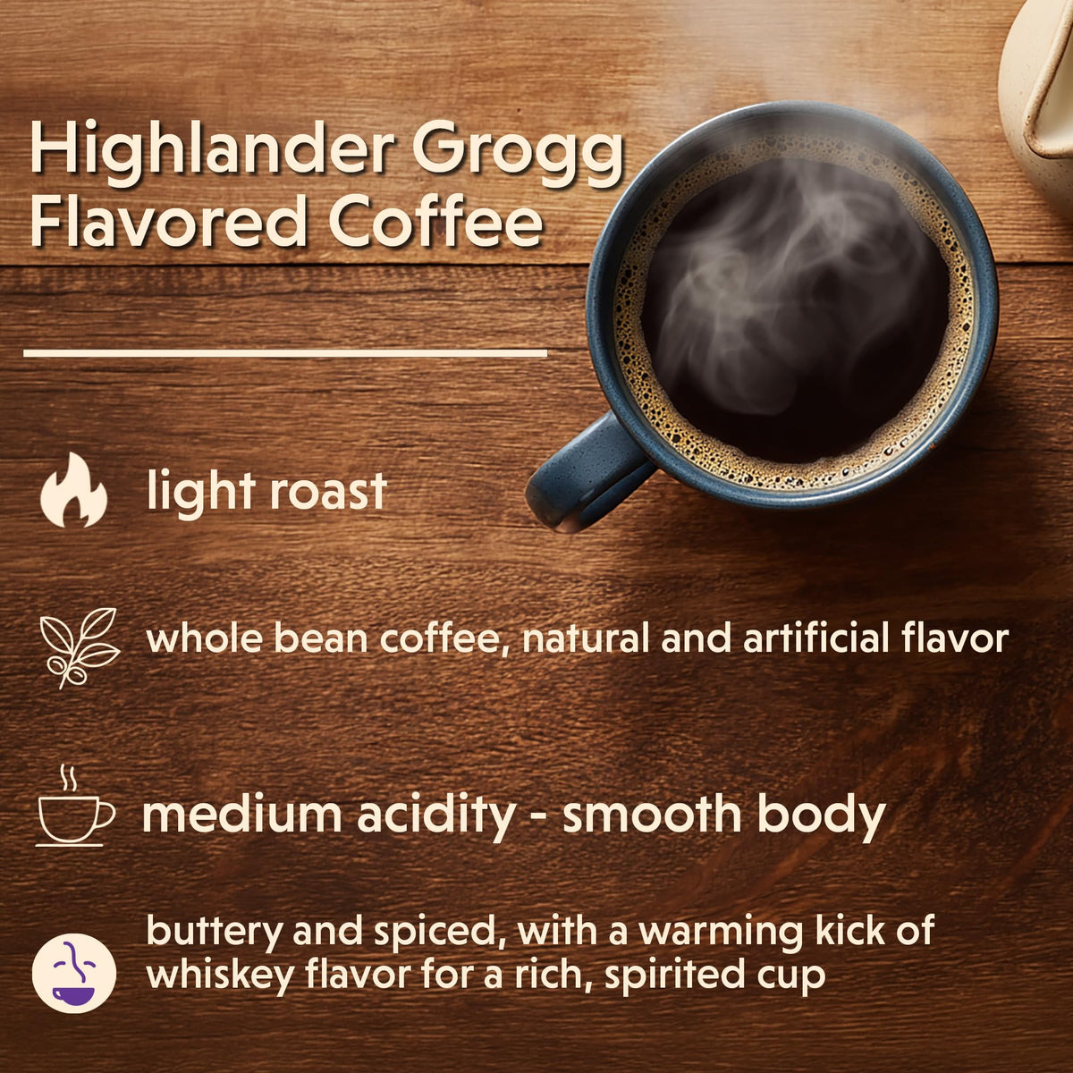 Close-up of Highlander Grogg label showing flavor notes for tasting.