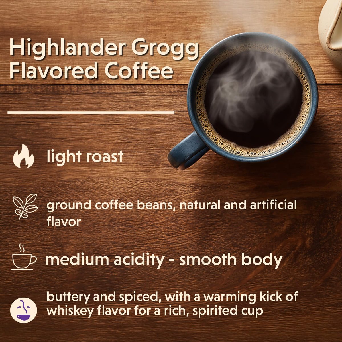 Highlander Grogg ground coffee prepared for pour-over, rich aroma.