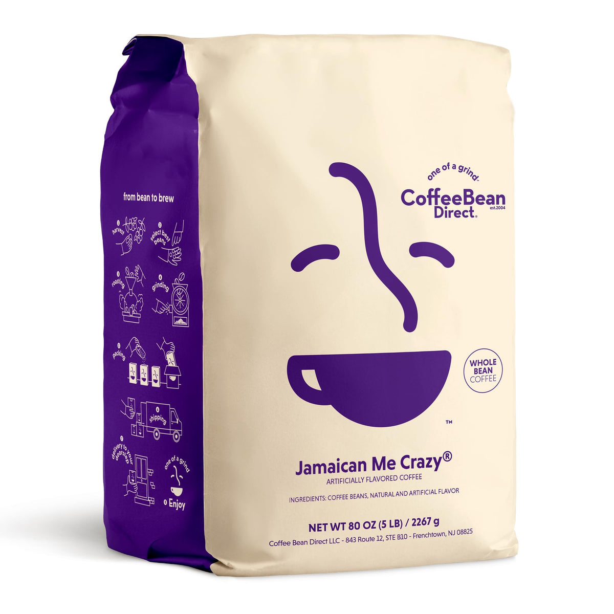 Coffee Bean Direct Jamaican Me Crazy Vanilla Caramel Creme bag label delivers rich aroma for morning rituals.