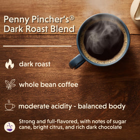 Coffee Bean Direct Penny Pincher's Dark Roast beans closeup reveals rich aroma ready for mornings.