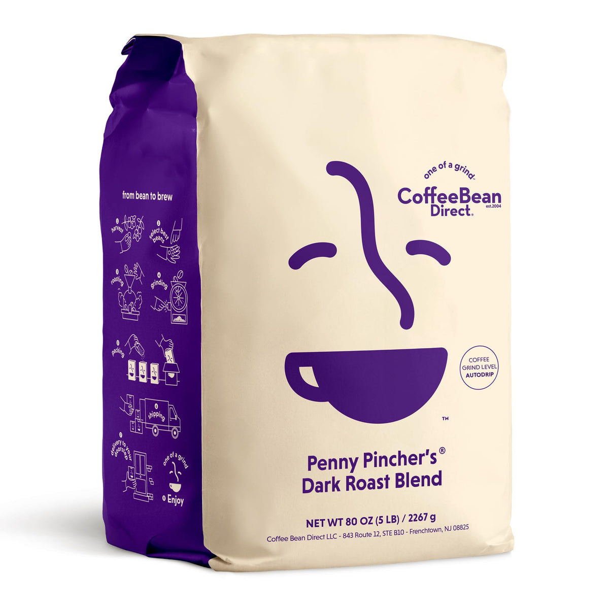Coffee Bean Direct Penny Pincher's Dark Roast bag 5lb, ideal for daily drip coffee.