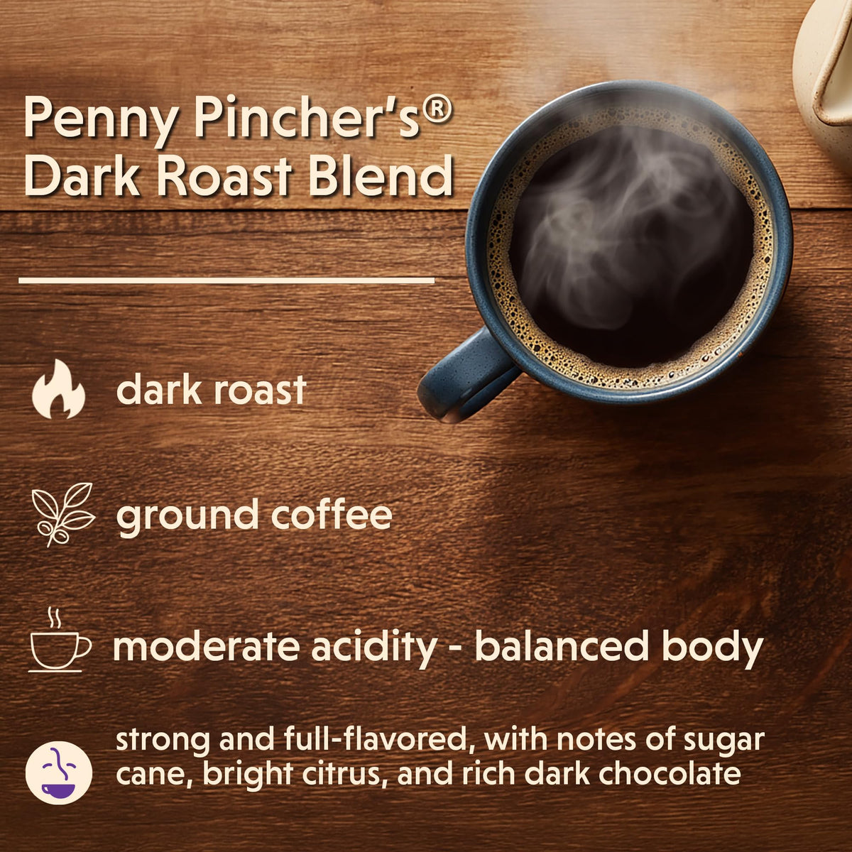 Coffee Bean Direct Penny Pincher's dark roast beans close-up, showcasing quality for a bold cup.