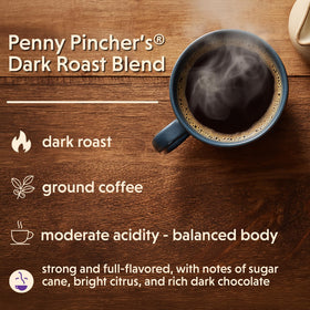 Coffee Bean Direct Penny Pincher's dark roast beans close-up, showcasing quality for a bold cup.