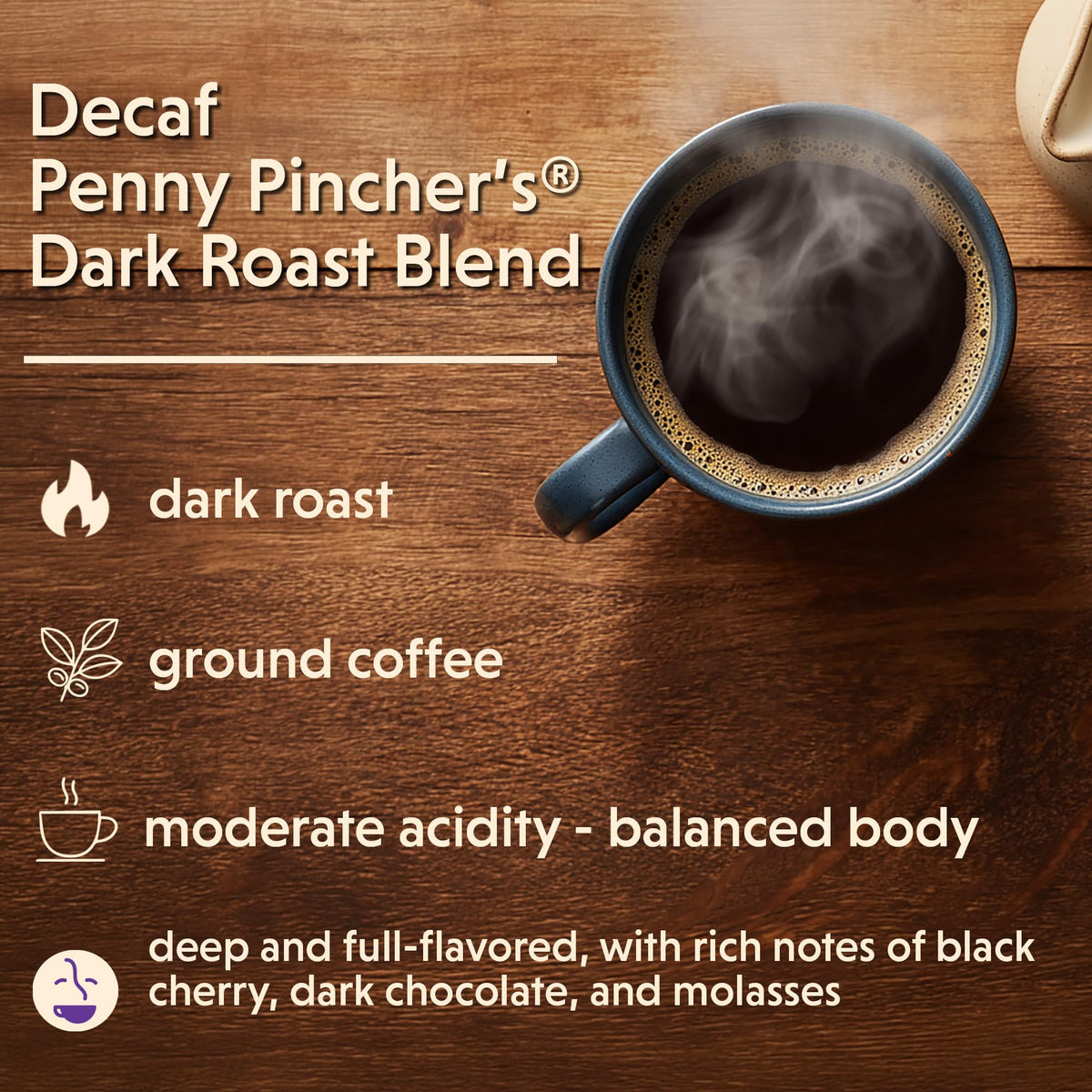Close-up of Penny Pincher’s dark roast grounds ready for drip coffee.
