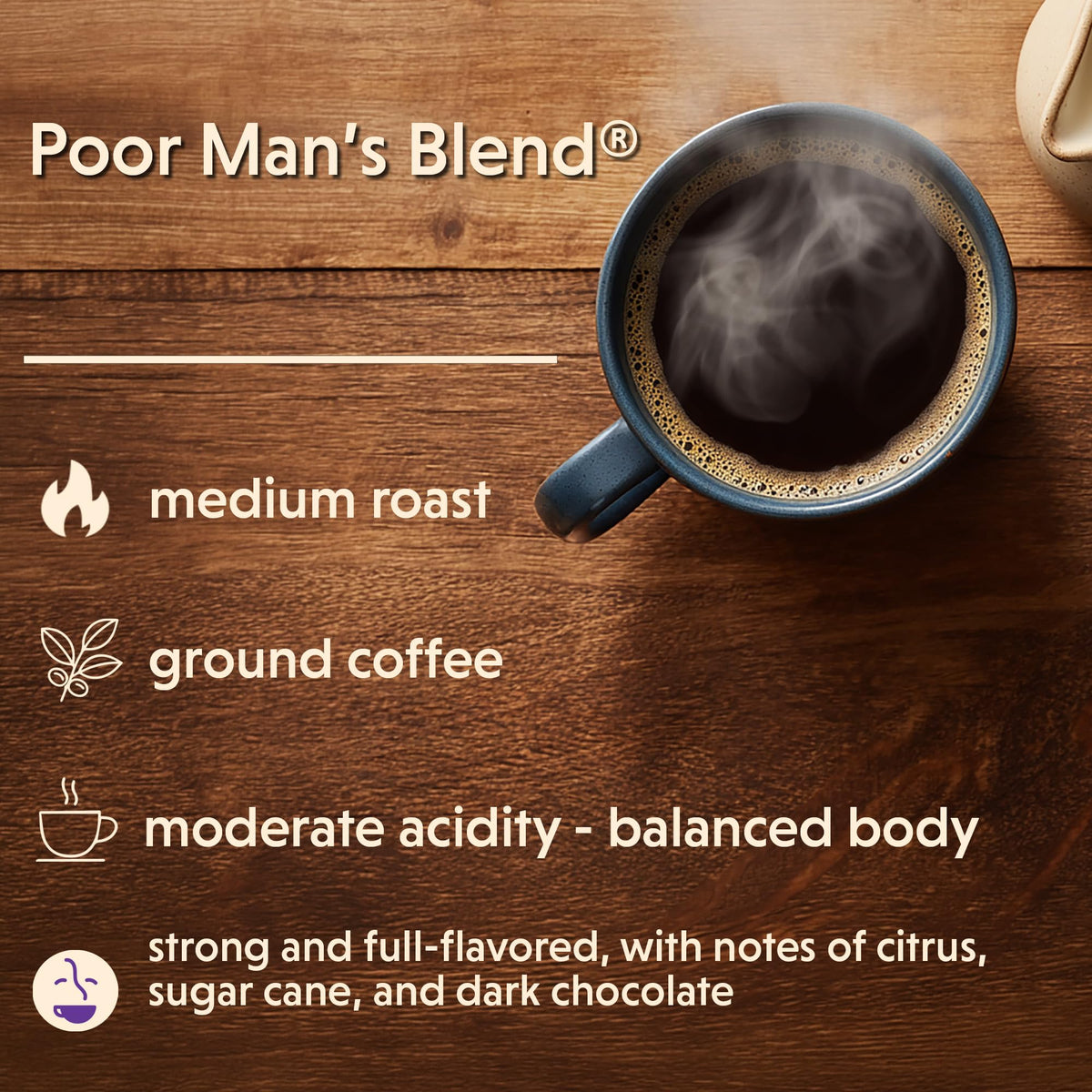 Poor Man's Blend medium roast display showing balanced flavor and value