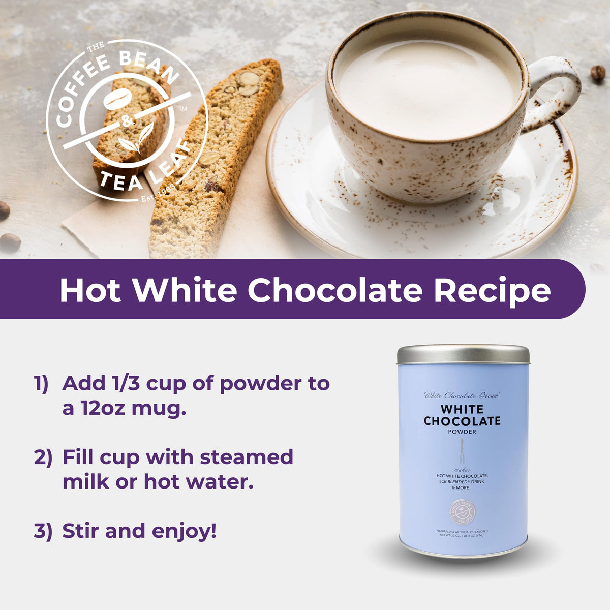 Coffee Bean & Tea Leaf creamer in cup enhances latte texture with white chocolate richness.