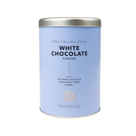Coffee Bean & Tea Leaf white chocolate creamer tin front, ideal gift for coffee lovers.