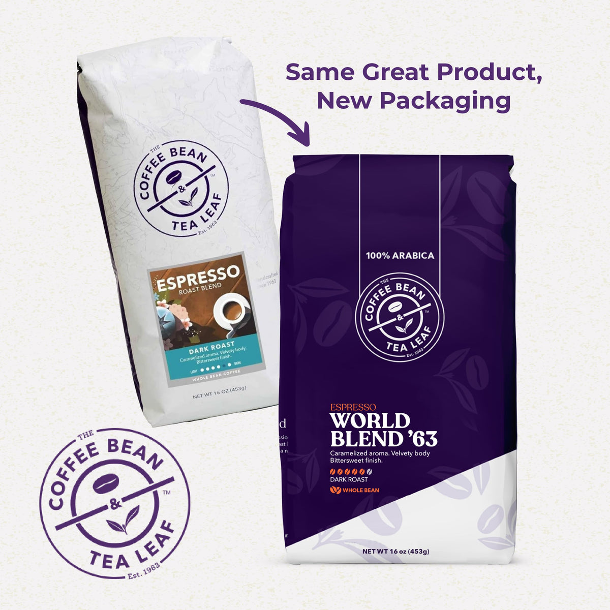 The Coffee Bean & Tea Leaf World Blend 63 ground coffee bag, versatile for espresso or drip brewing.
